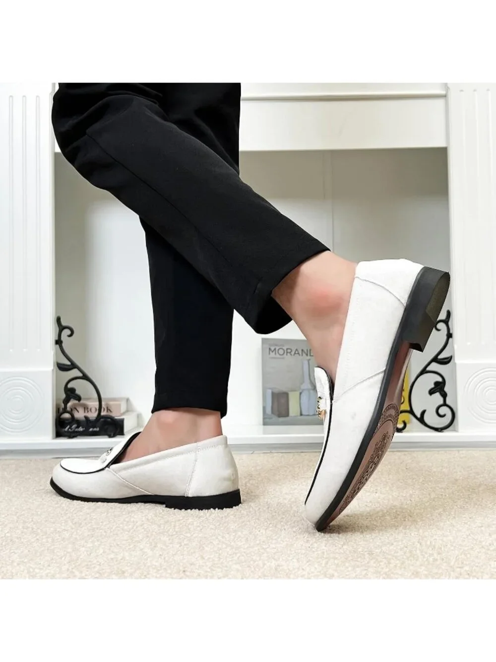 LCQL Men's White Leather Velvet Loafer Gold Buckle Slip On Comfortable Shoes